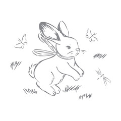 Hand drawn sketch of a cute bunny with a scarf, surrounded by butterflies and grass vintage style animal illustration for childrens design and decor