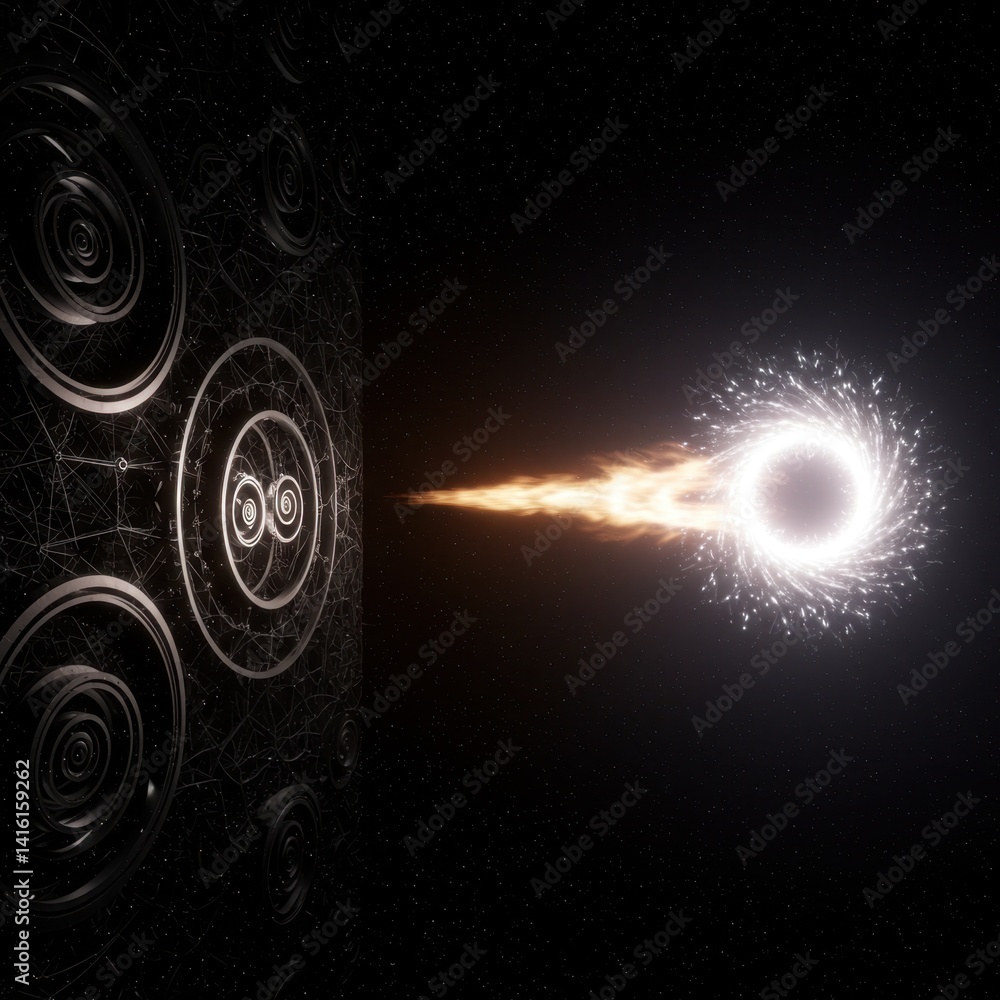 Poster cosmic encounter: a spaceship approaches a glowing wormhole in the vast expanse of space
