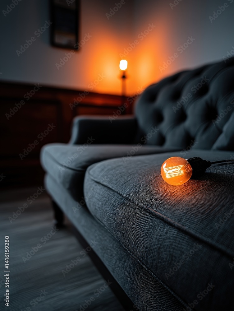 Poster soft candlelight on tufted dark gray armchair in dim room creating intimate mood with warm glow and 