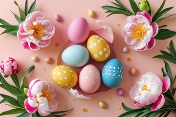 Vibrant Easter Decor Design Featuring Colorful Eggs and Elegant Peonies on Pastel Peach Canvas for Spring Celebrations
