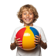 Smiling boy holding a beach ball isolated on white background