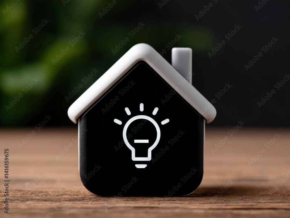 Poster small black house model with illuminated bulb icon on front symbolizing intelligent smart home light