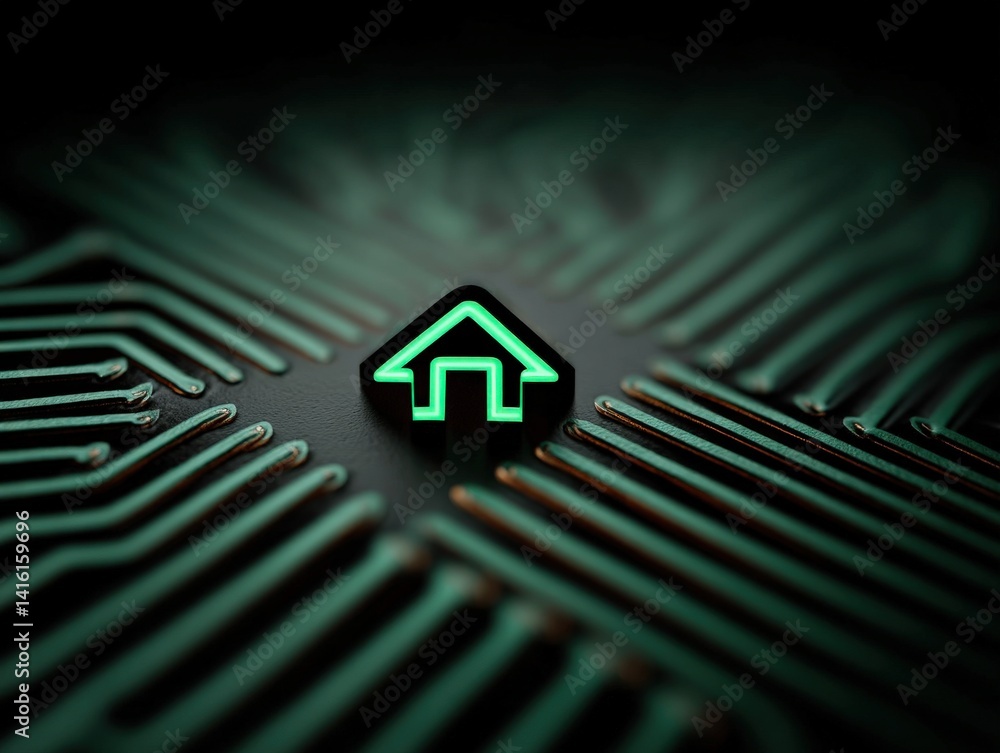 Poster neon green glowing house symbol on futuristic circuit board background representing digital home con