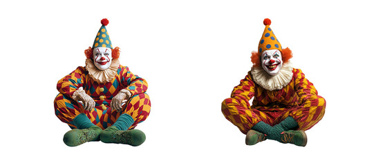 Two Clowns Sitting on Transparent Background with Colorful Outfits