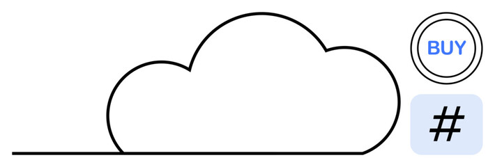 Minimalist cloud outline with circular buy button and metadata tag. Ideal for online shopping, technology, digital marketing, cloud-computing, social media, innovation, simple landing page