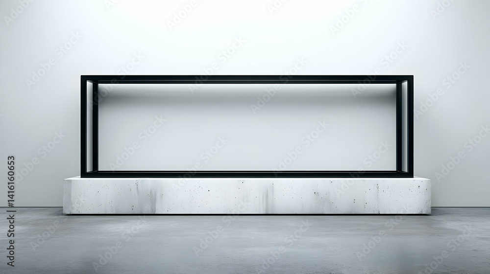 Poster minimalist presentation stage with black frame and concrete platform display