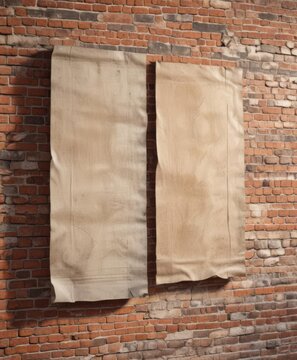 Weathered paper posters on a brick wall, sun-bleached and creased  Glue residue visible ,  distressed, urban