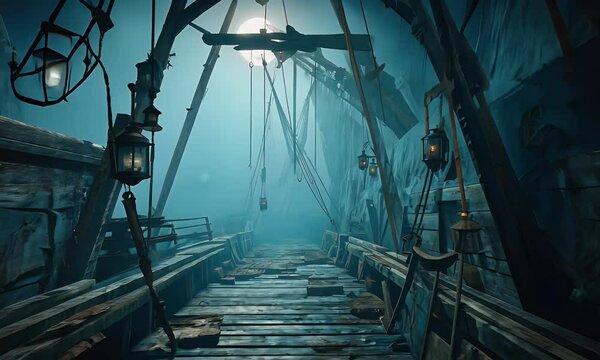 video showing old wooden tunnel deep inside ghost ship where creaking wood and phantom voices whisper through heavy mist