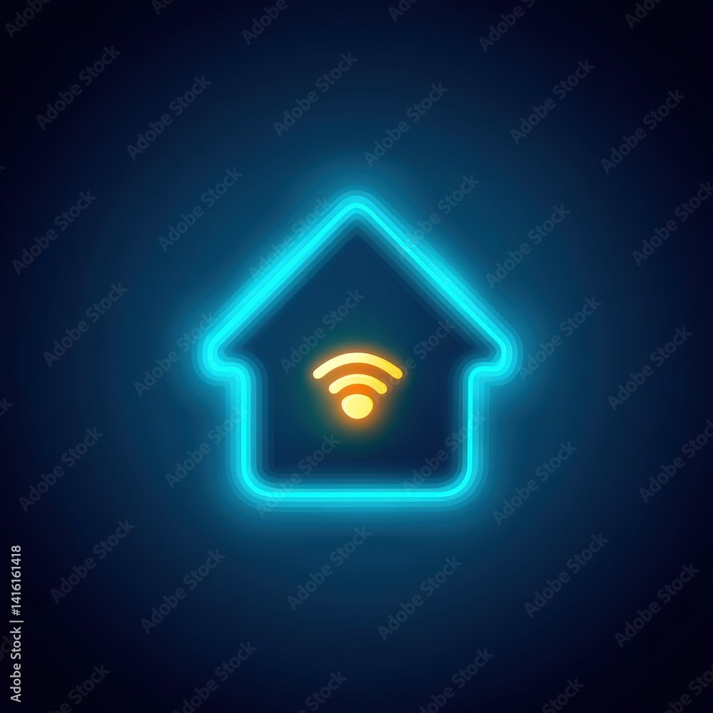 Poster neon blue glowing smart home icon with wireless signal in digital interface representing futuristic 