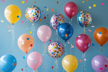 Joyful Celebrations with Enchanting Balloons and Colorful Confetti on a Powder Blue Background