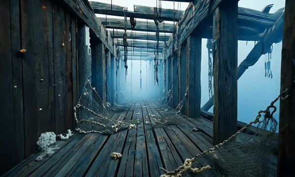 haunted maritime tunnel video inside abandoned ship where wood groans and ghostly murmurs echo through cold fog