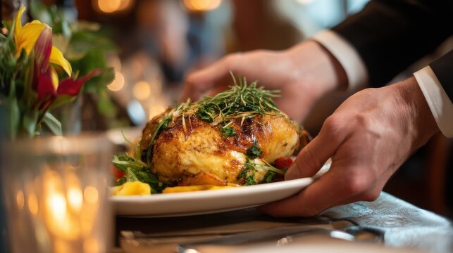 Waiter Serving Roasted Chicken Dish