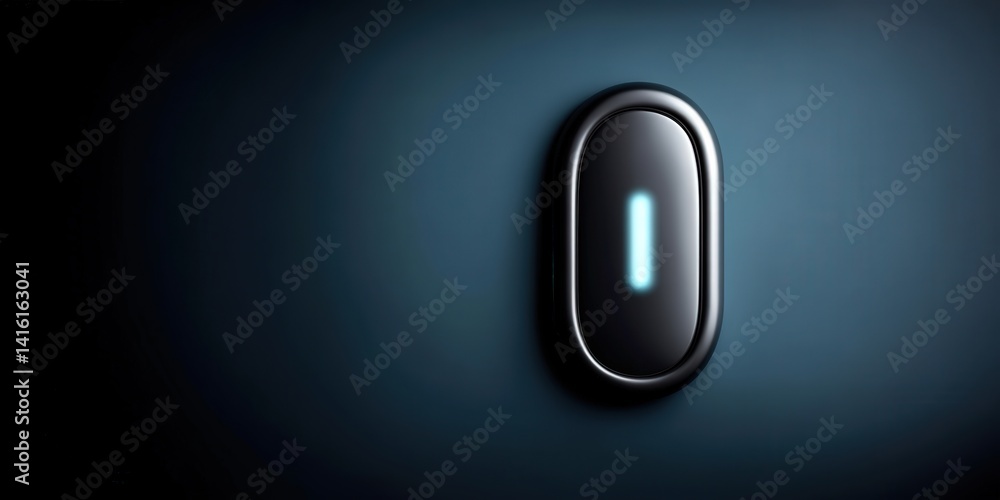 Poster single wireless black button with blue indicator light centered on dark minimal gradient background 