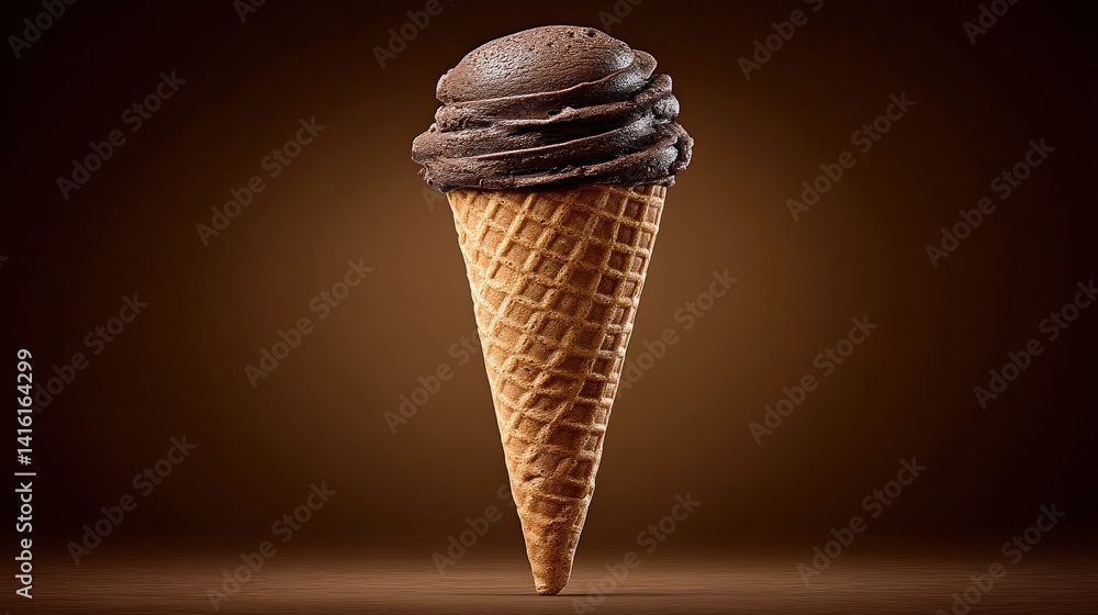 Poster dark chocolate soft serve ice cream cone upright on matte brown background showcasing intense flavor