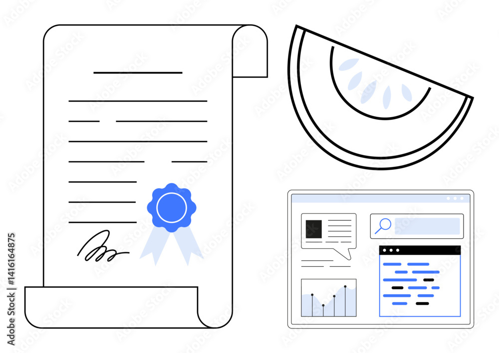 Poster certificate with a signature and ribbon, watermelon slice design, and web analytics ui. ideal for ed