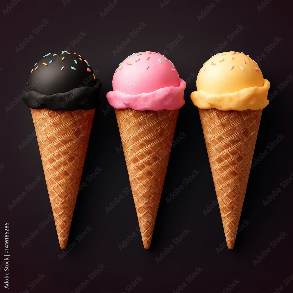 Poster five unique ice cream cones with colorful scoops and chocolate toppings lined up on matte surface ev