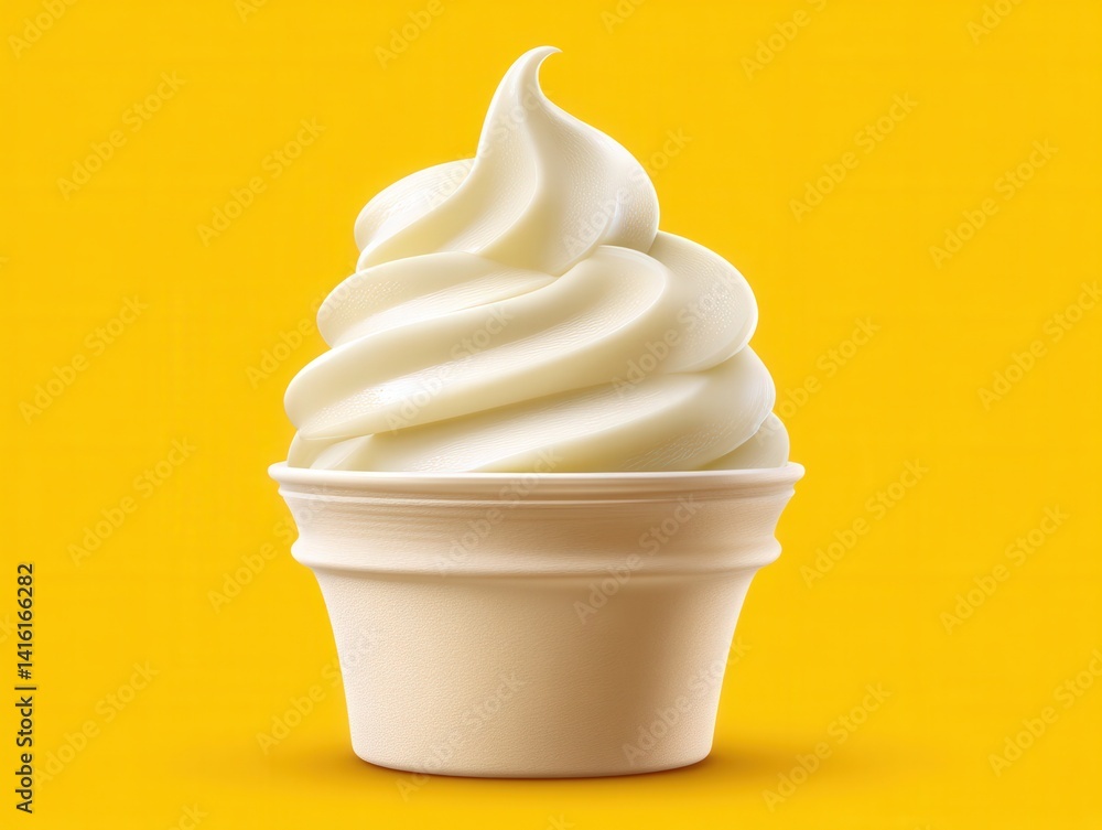 Poster bright yellow background highlights a pure vanilla soft serve in white paper cup placed centrally in
