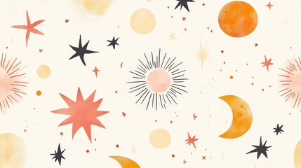 Celestial Pattern: A whimsical watercolor celestial pattern featuring suns, moons, and stars in warm, earthy tones. Perfect for textile design, scrapbooking, or digital projects.