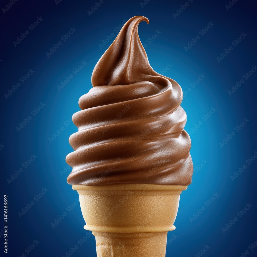 Poster deep chocolate soft serve with glossy spiral swirl on cone centered against glowing blue background 