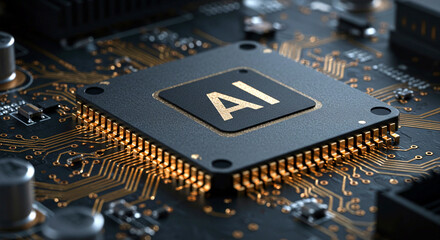Chip de computador com letras AI conectado à placa de circuito, simbolizando inovação em inteligência artificial