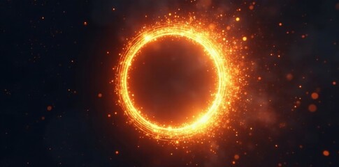 A radiant circle of abstract golden light floats in the darkness, mystery, void