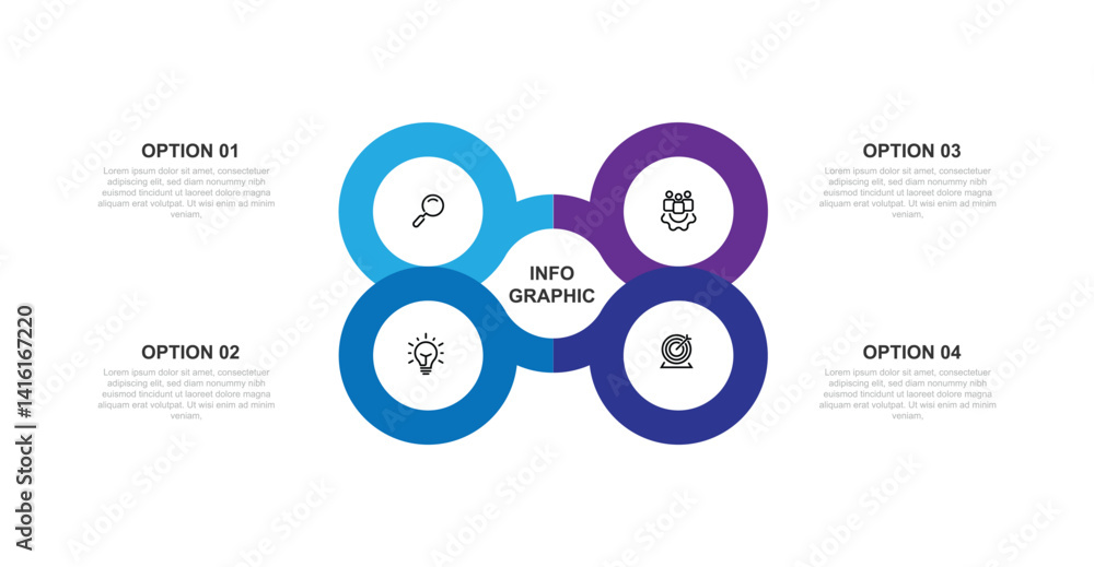 Poster 4 step infographic template element. 4 circle connected with icons can be used for workflow, business information and banner presentation 