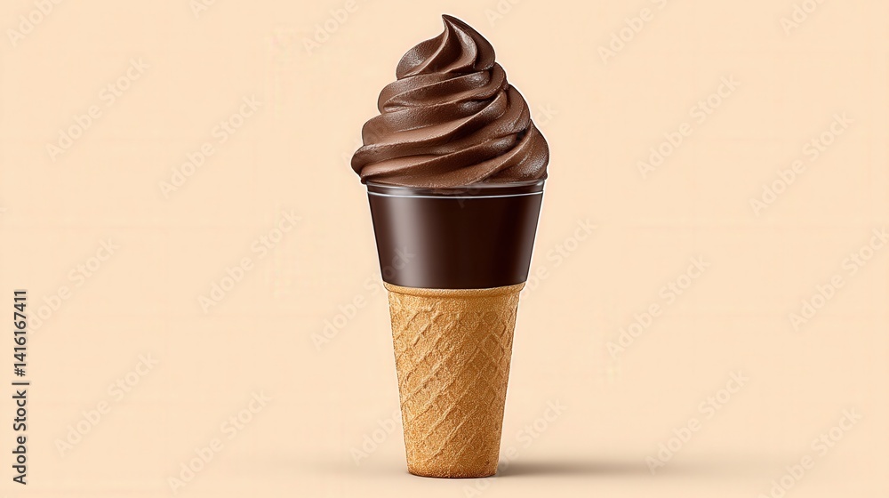 Aufkleber chocolate soft serve cone dipped in hardened shell placed vertically in front of neutral tan backgro