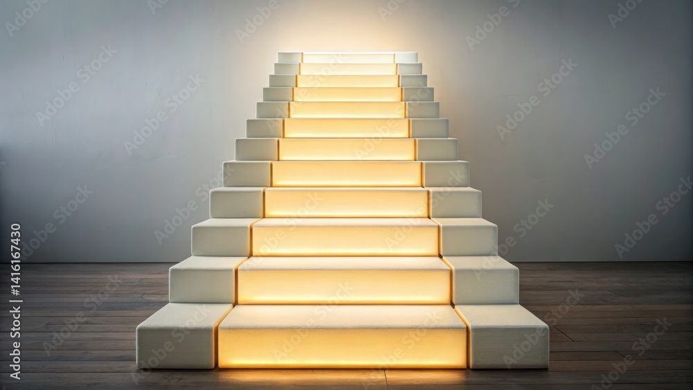 Poster conceptual staircase made of glowing blocks with illuminated steps leading to an unknown destination