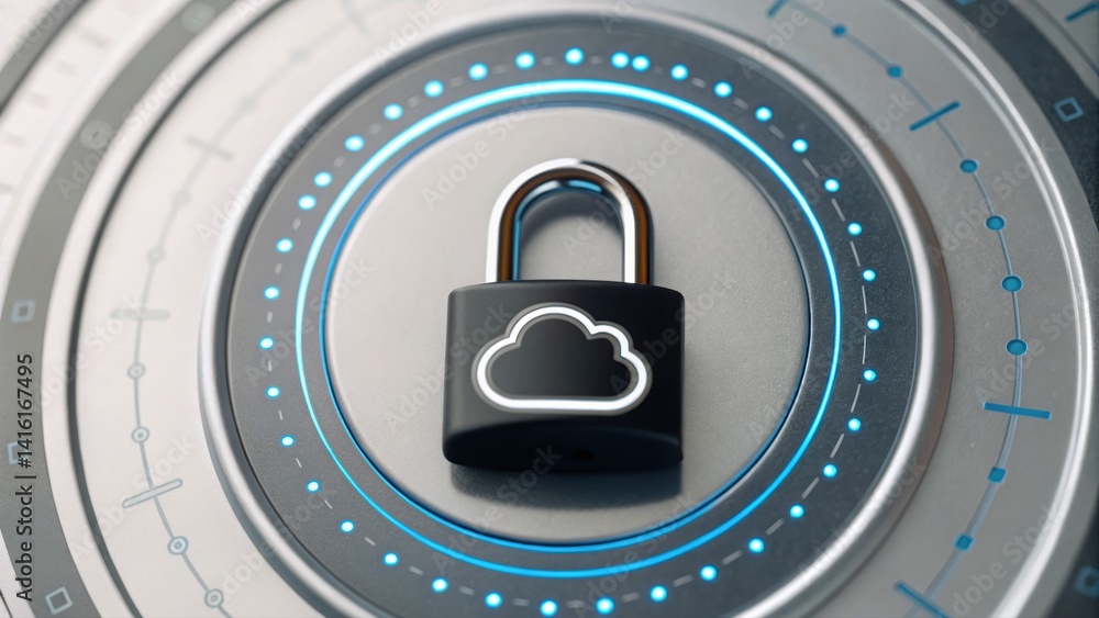 Poster digital padlock on circular surface merging with glowing cloud icon depicting modern security soluti