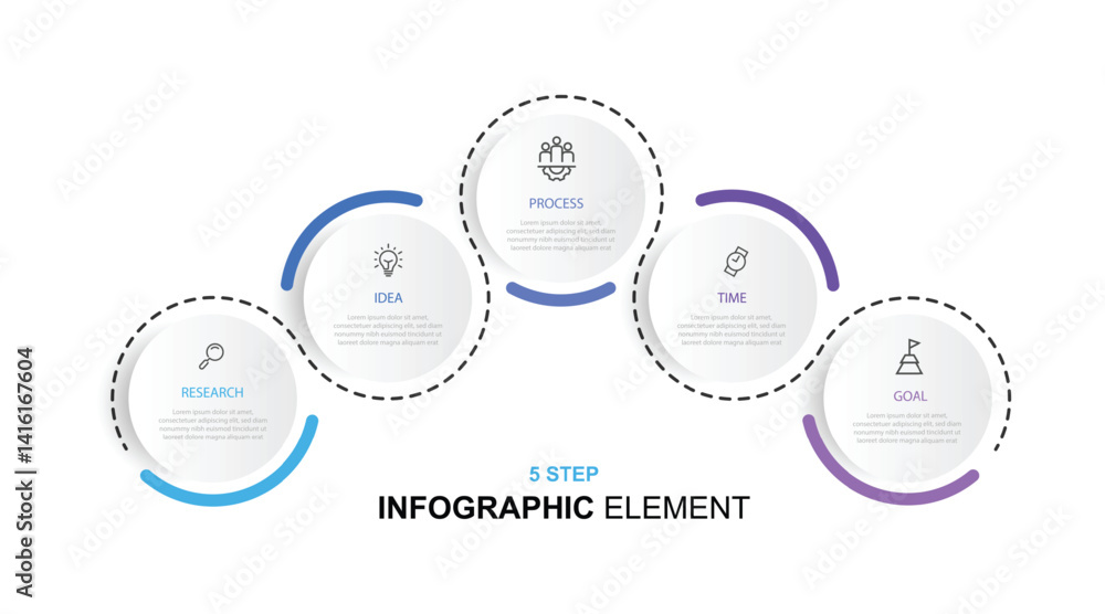 Aufkleber 5 step infographic template element. Vector circle with lines connected can be used for workflow, business information and web graphic design 