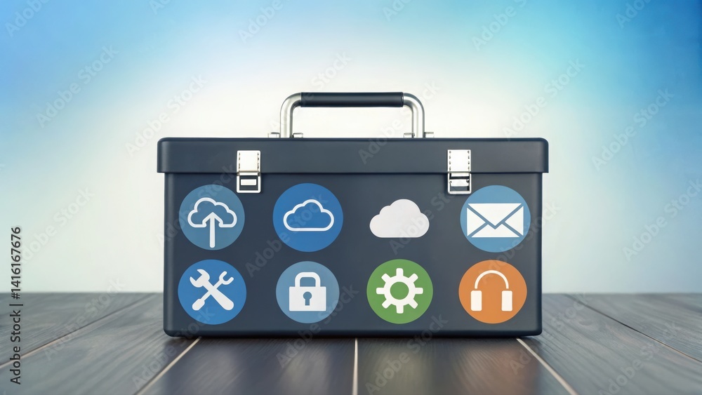 Aufkleber a briefcase showcasing icons that represent diverse types of cloud computing services and solutions