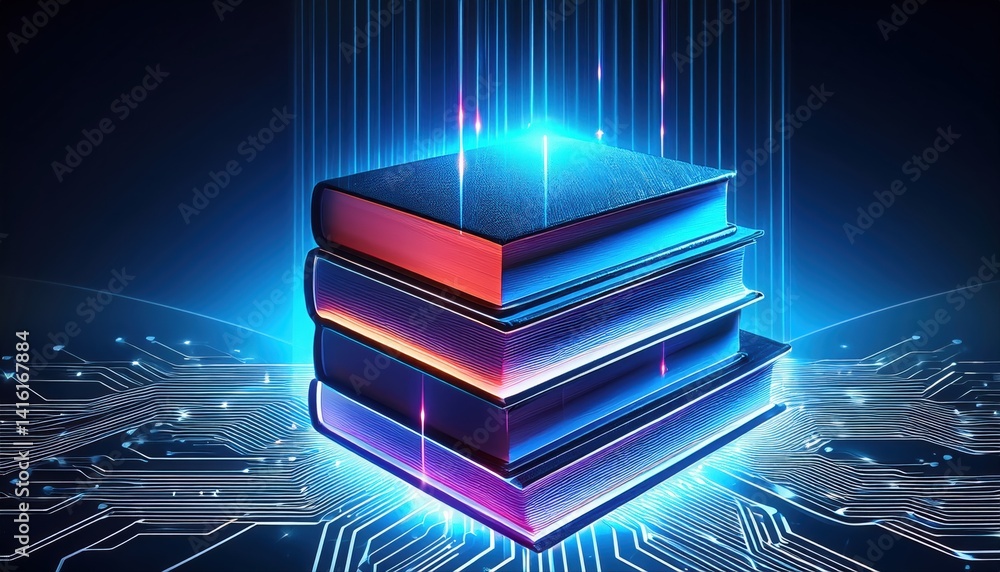 Poster glowing stack of digital books on circuit board symbolizing knowledge connected by data streams