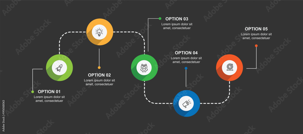 Aufkleber 5 step infographic template vector element. Line direction connected with icons can be used for workflow, business information and banner presentation 