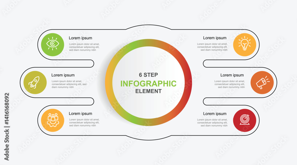 Aufkleber 6 step infographic template vector element. Vector template information with line connected and icons on circle concept can be used for workflow, business information and banner presentation 