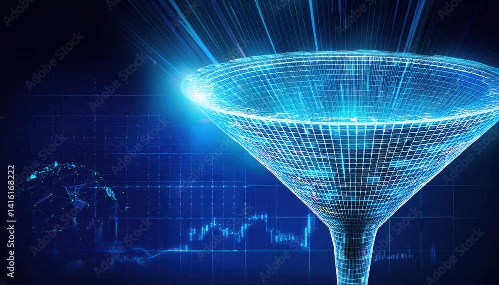 Poster transparent transformation funnel converting raw binary data into clean visual charts with light