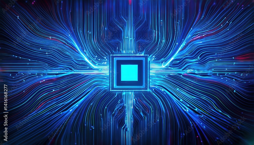  neural network pathways branching from central ai processor with blue light and detection outputs