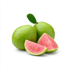Fresh green guavas with pink flesh on white background