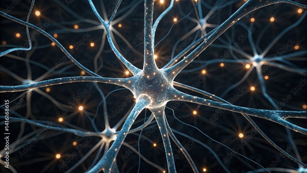 Poster brain neurons with branching neural network pathways illustrating complex ai processing and intellig
