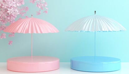 Pink and blue umbrellas on pastel platforms with cherry blossoms.
