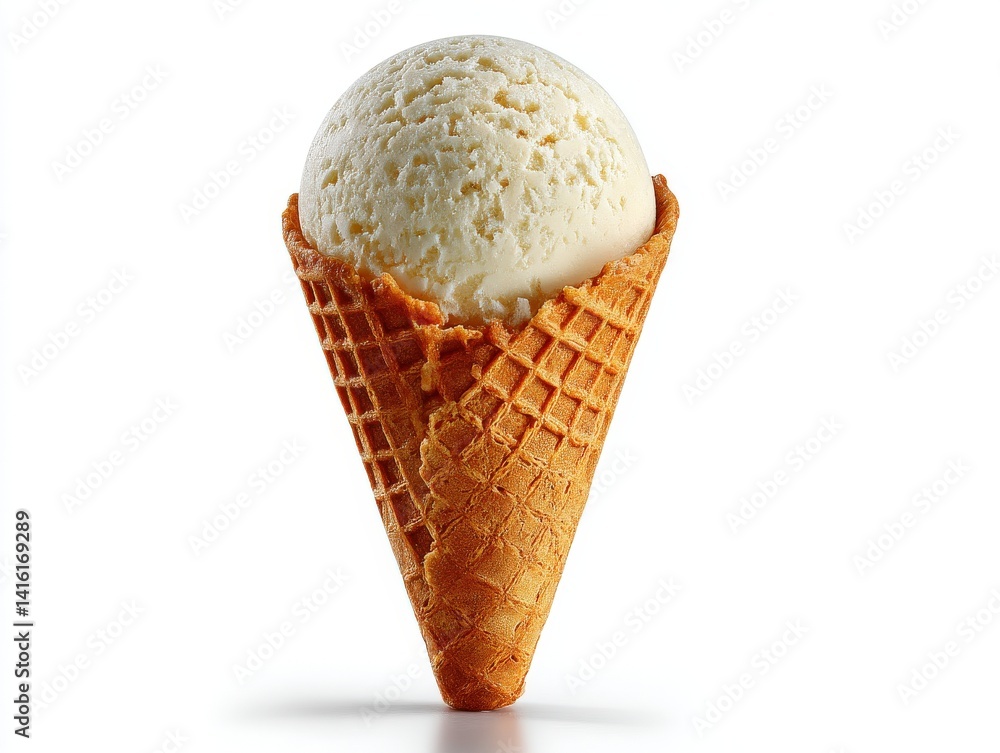 Poster cookies and cream scoop ice cream in golden waffle cone on minimal white backdrop dessert item visua