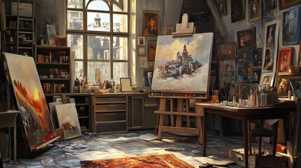 Obraz premium Artist's Studio Interior: An artist's atelier, bathed in the light, showcasing a meticulously arranged space brimming with inspiration and creative tools.
