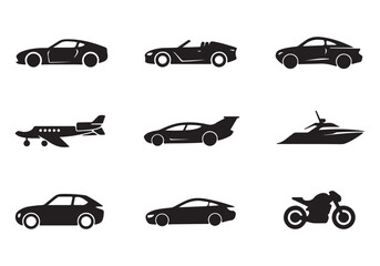 Luxury High-Performance Vehicles Icons - Vector Set Featuring Sports Cars, Jets, Motorcycles, and Yachts