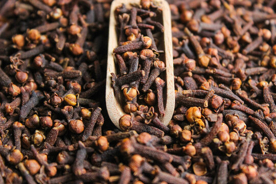 Cloves or cengkeh on a wooden shovel spoon with cloves background. Cloves are a plant native to Indonesia. Dry spice cloves.