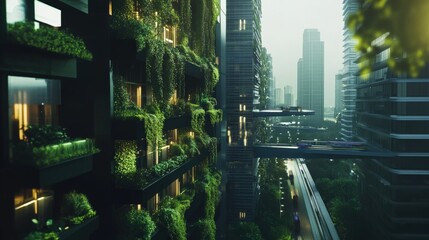 Obraz premium Green Cityscape: A futuristic cityscape where lush greenery thrives on the exterior of modern buildings, showcasing a harmonious blend of nature and urban development.