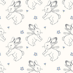 Seamless pattern with hand drawn bunnies and delicate blue flowers perfect for baby textiles, nursery decor, and springtime designs