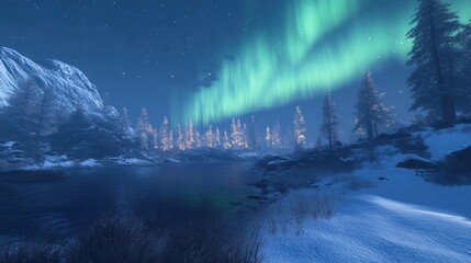 Aurora Borealis in Winter Landscape: An ethereal scene unfolds as the mesmerizing Northern Lights dance above a serene winter landscape.