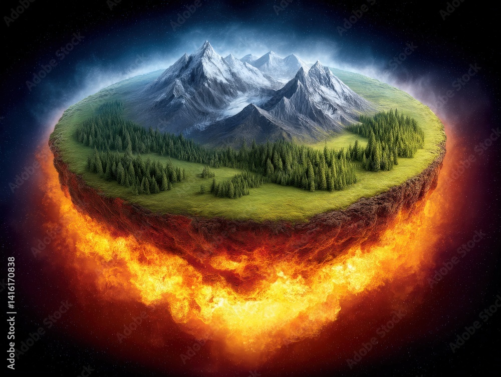 Poster cross section of planet showing volcanic core under green landscape floating in space dramatic envir