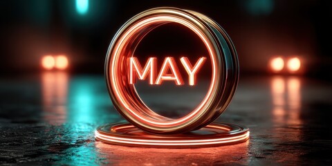 Glowing Neon Orange MAY in Circular Frame on Dark Reflective Surface