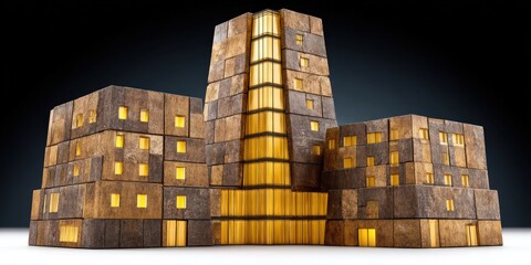 Abstract golden futuristic buildings with cubic forms glowing in night setting sci fi city design concept of innovation light symmetry and utopia