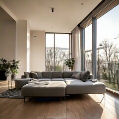 A modern minimalist living room with a grey L-shaped sofa, large windows, and natural sunlight pouring in